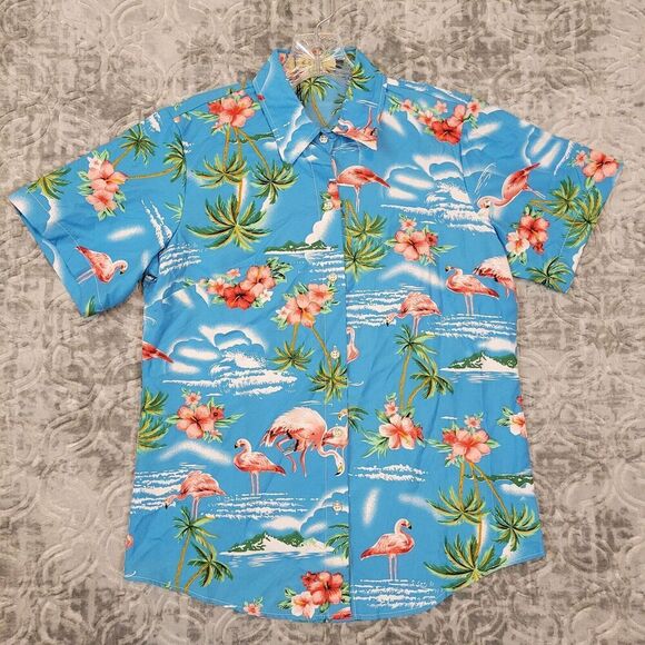 SSLR Shirt Women's Small Blue Hawaiian Flamingo Tropical Button Down NEW - Picture 1 of 14